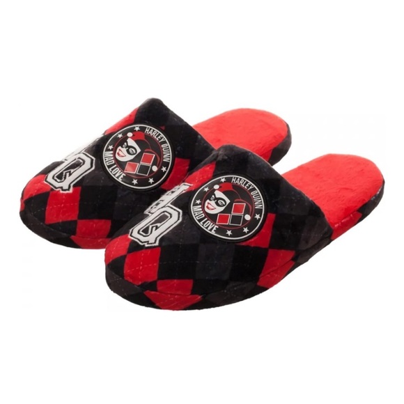 Harley Quinn Mad Love Red Black Argyle Print Slippers DC Comics Bioword NWT - Picture 2 of 9
